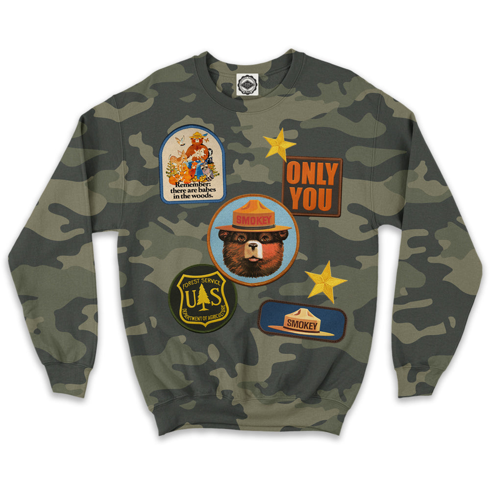 Smokey Bear Patches Unisex Crew Sweatshirt (Camouflage)