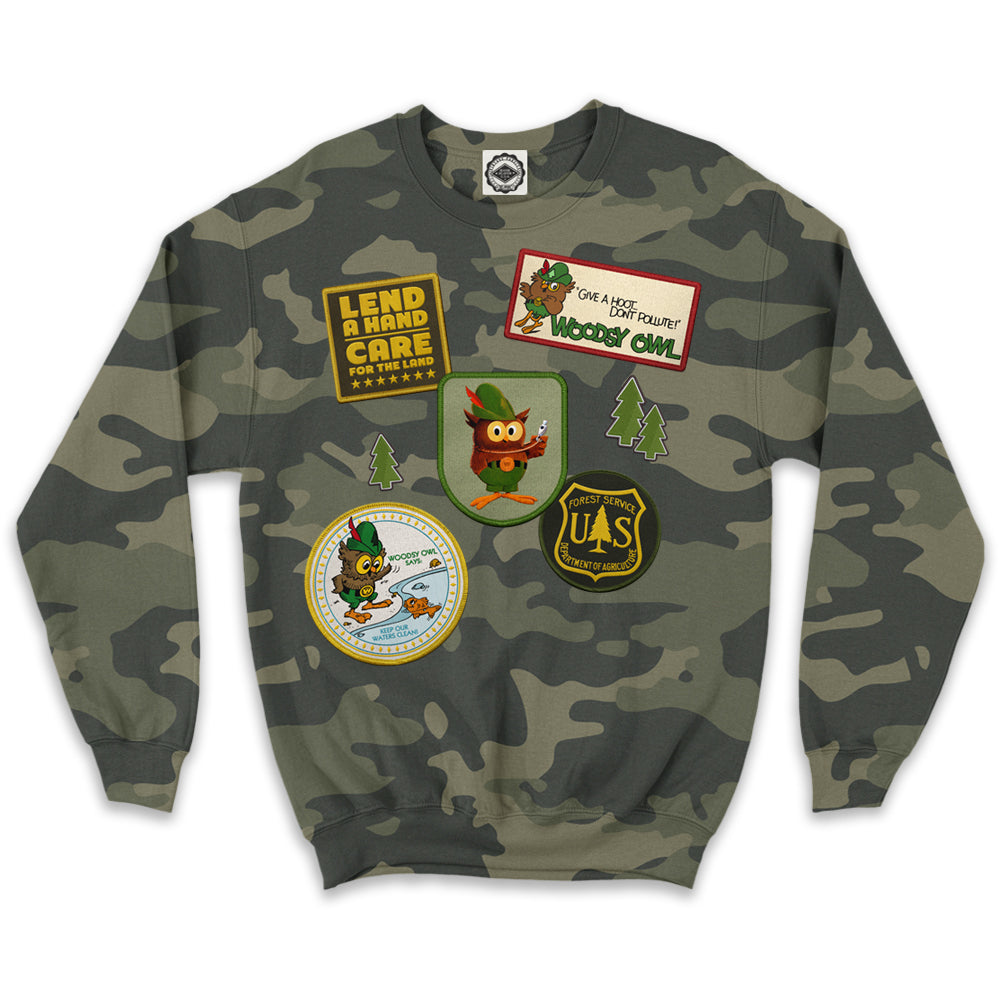 Woodsy Owl Patches Unisex Crew Sweatshirt (Camouflage)