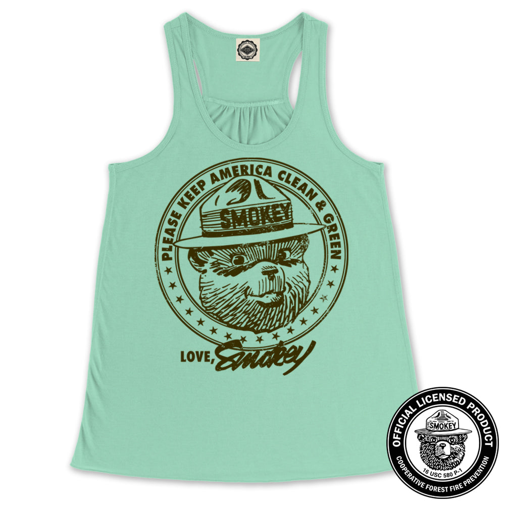 Smokey Bear "Keep America Clean & Green" Women's Draped Racerback Tank