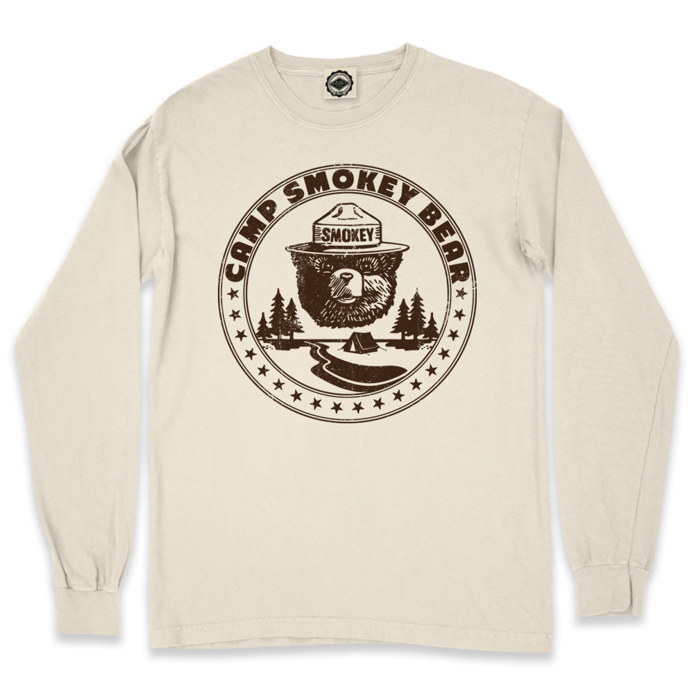 Camp Smokey Bear Men's Long Sleeve Pigment Dyed T-Shirt in Pigment Ecru