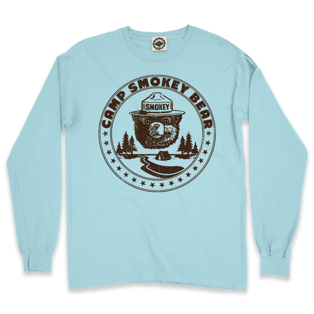 Camp Smokey Bear Men's Long Sleeve Pigment Dyed T-Shirt in Pigment Sky