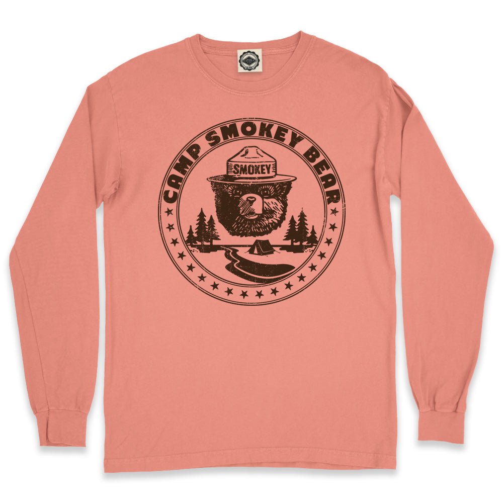 Camp Smokey Bear Men's Long Sleeve Pigment Dyed T-Shirt in Pigment Sunset