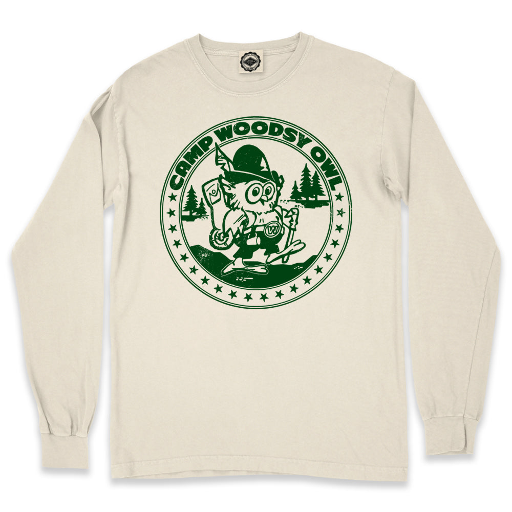 Camp Woodsy Owl Men's Long Sleeve Pigment Dyed T-Shirt in Pigment Ecru