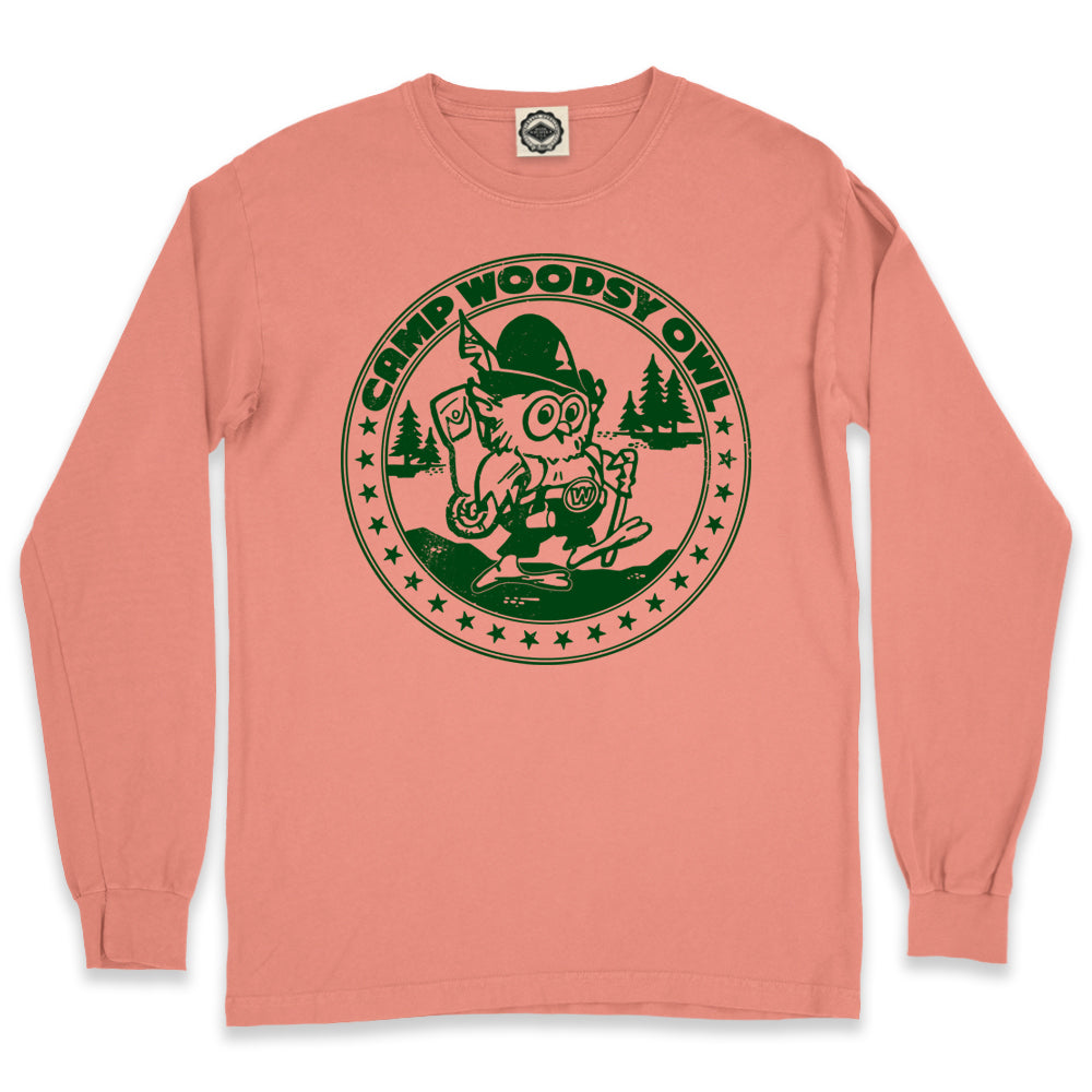 Camp Woodsy Owl Men's Long Sleeve Pigment Dyed T-Shirt in Pigment Sunset