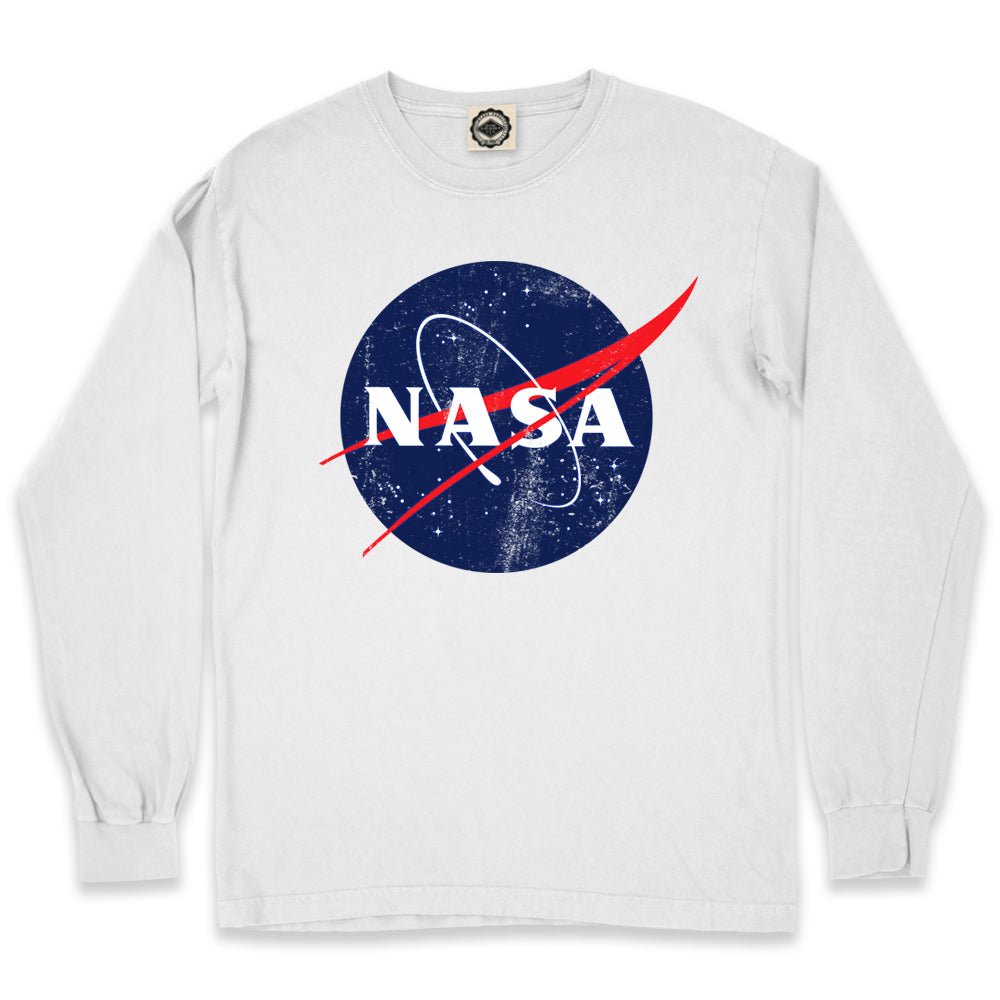 Official NASA Logo Men's Long Sleeve Pigment Dyed T-Shirt in Optic White