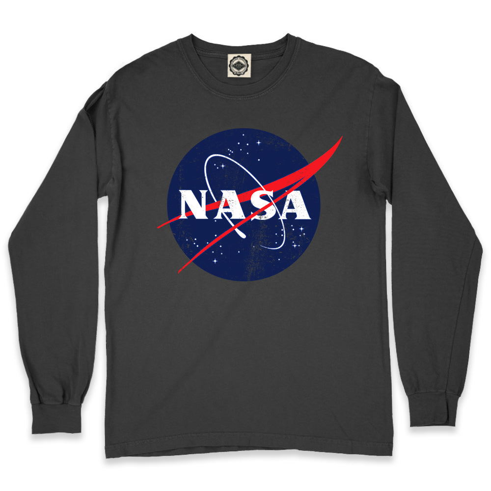 Official NASA Logo Men's Long Sleeve Pigment Dyed T-Shirt in Charcoal