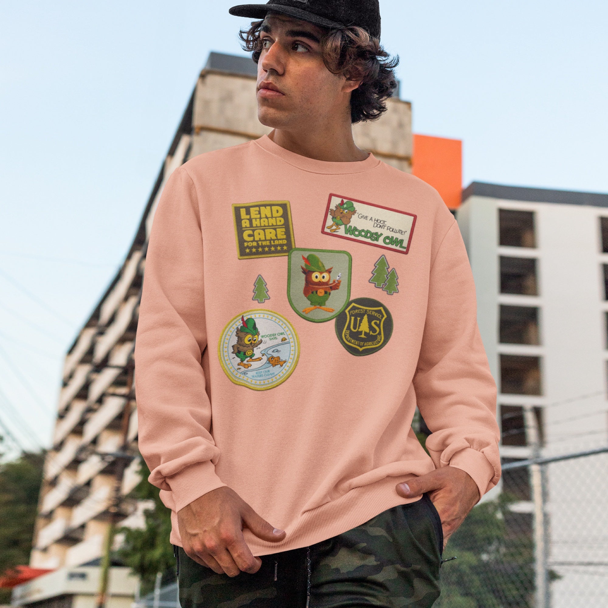 Woodsy Owl Patches Unisex Crew Sweatshirt