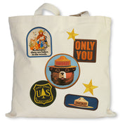 Smokey Bear Patches Tote Bag in Natural