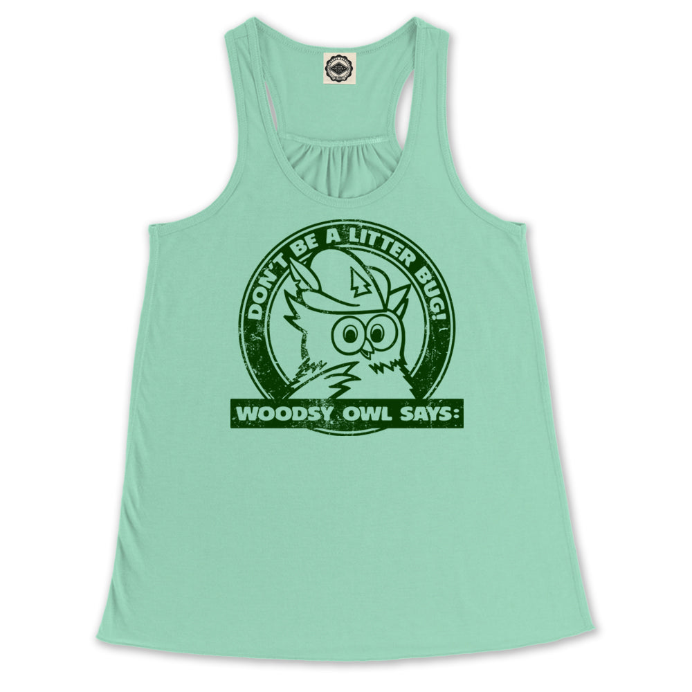 Woodsy Owl "Don't Be A Litterbug" Women's Draped Racerback Tank