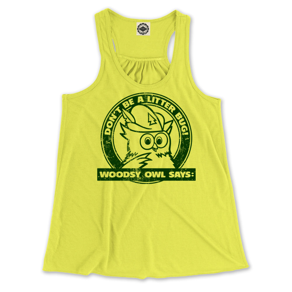 Woodsy Owl "Don't Be A Litterbug" Women's Draped Racerback Tank