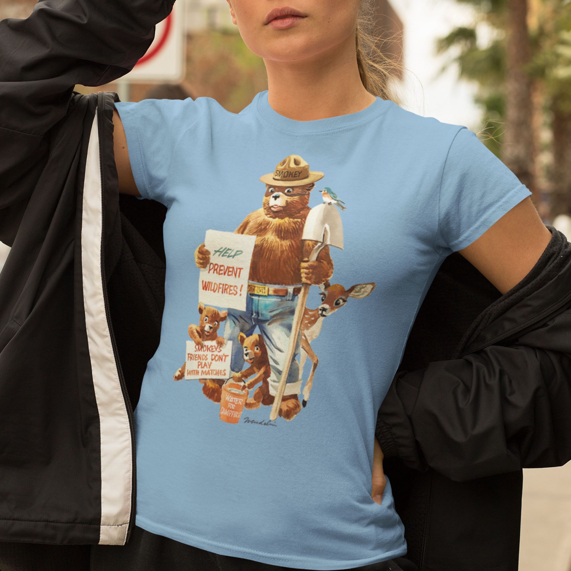 Smokey Bear "Friends Don't Play With Matches" Women's T-Shirt in Ice Blue